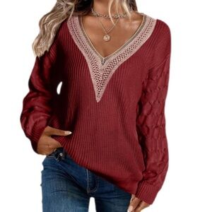 EVALESS V Neck Knit Lace Drop Shoulder Sweater Pullover Small NWOT